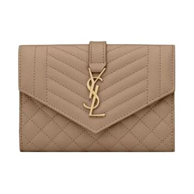 Saint Laurent Small Envelope Wallet In Mix Matlasse Grand de Purse Embossed Leather Dark Beige
