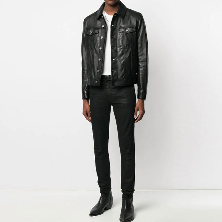 Shop SAINT LAURENT SS21 Black Single-Breasted Leather Jacket 529949YC2OC1000