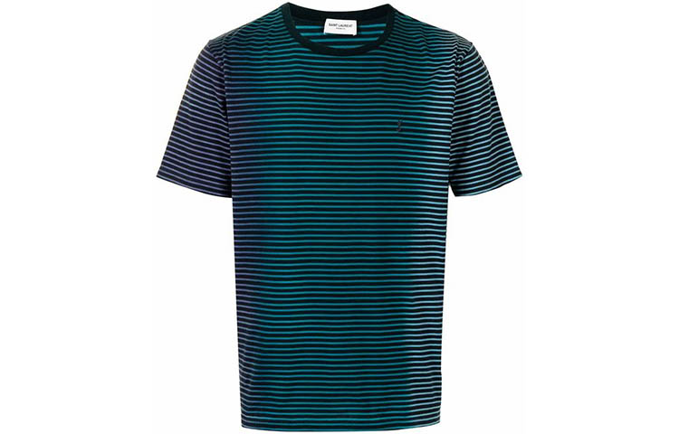 SAINT LAURENT SS21 Green Striped Cotton Crewneck Short Sleeve T-Shirt 648360YBYQ21051