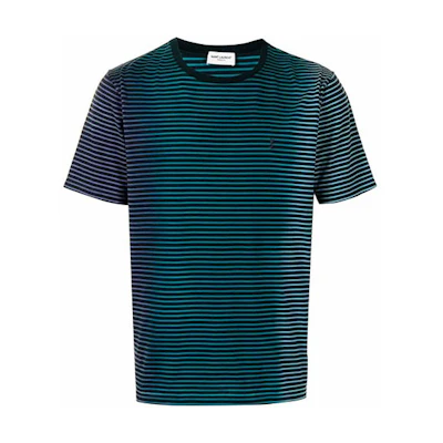 SAINT LAURENT SS21 Green Striped Cotton Crewneck Short Sleeve T-Shirt 648360YBYQ21051
