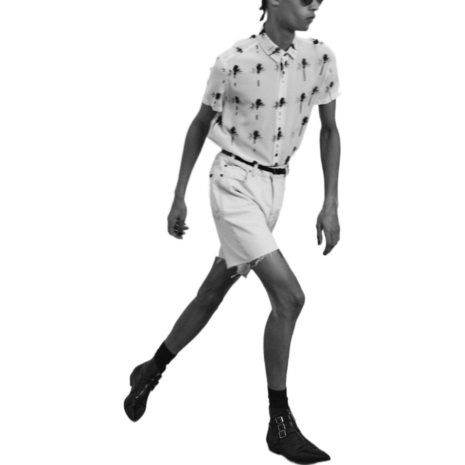 Shop SAINT LAURENT SS22 Seluar Pendek Potongan Lurus Kelabu Putih Raw Hem. 688100Y01KB9029