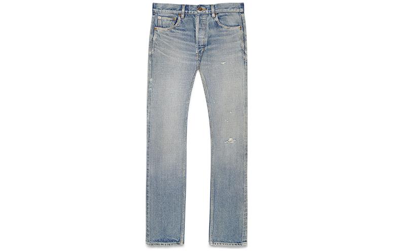 Order SAINT LAURENT SS22 Jeans Denim Biru Mid-Waist Distressed 710036YF8524124