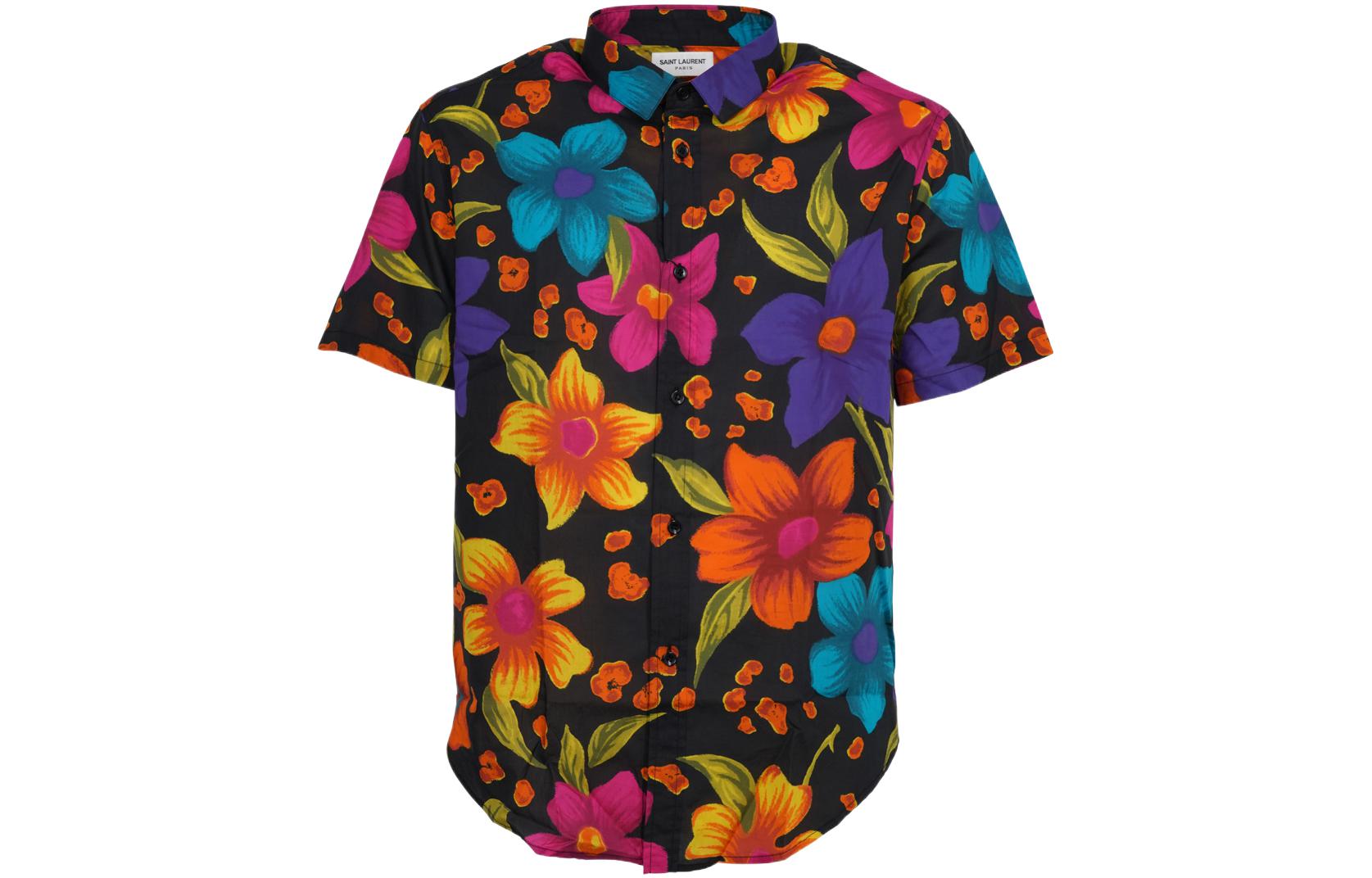 SAINT LAURENT SS22  Red Floral Print Short-Sleeve Button-Up Shirt 688325Y2E948486