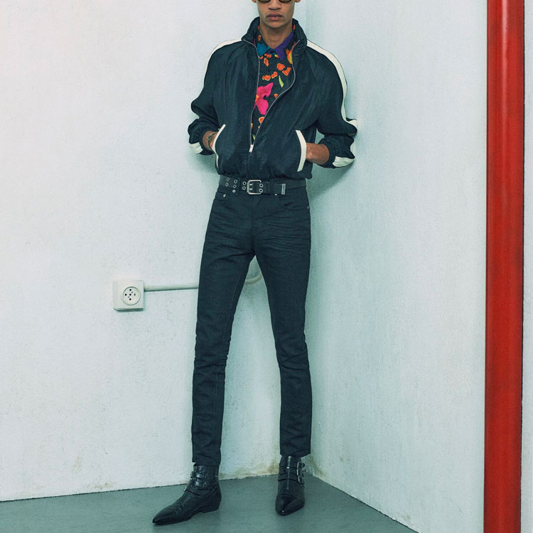 Shop 생로랑 SS22 스트라이프 컬러블록 블랙 지퍼 자켓 긴소매 684942Y2E801000