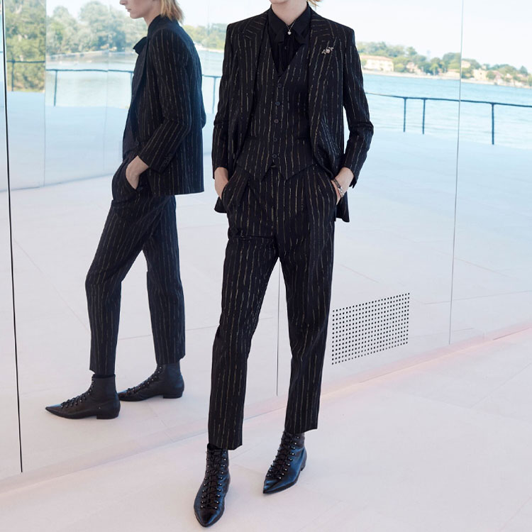 Shop SAINT LAURENT SS22 Seluar Kasual Wool Berjalur Pinggang Tinggi 682379Y1E551055