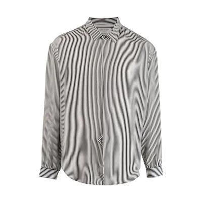 SAINT LAURENT SS22 Button-Up Striped Silk Long Sleeve Shirt Black Men’s 680495Y2E111095