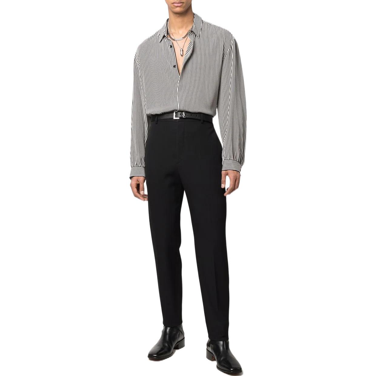 Lookbook SAINT LAURENT SS22 男士黑色條紋絲質長袖襯衫 680495Y2E111095