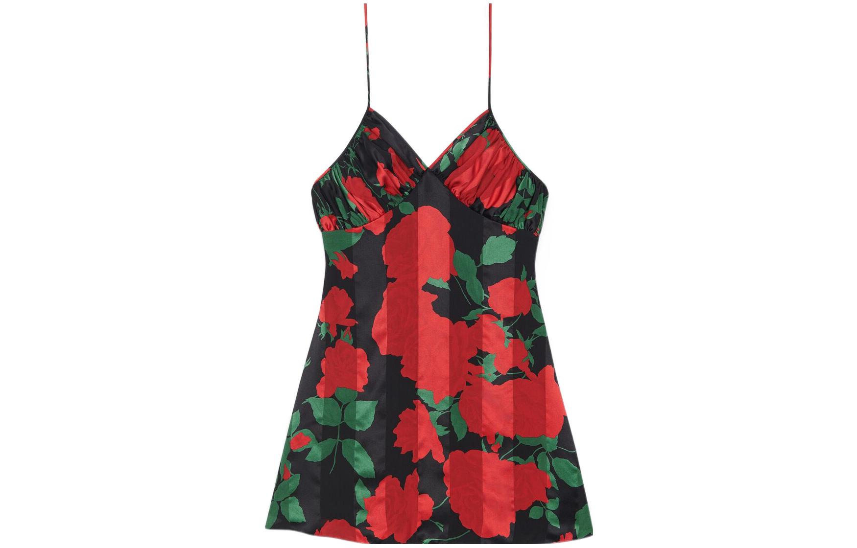 Order Saint Laurent SS22 Dress Bunga Cetak V-Neck Ruched Camisole Hitam. 702026Y8E041029