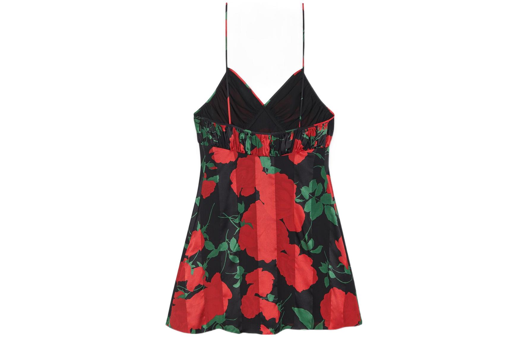 Lookbook Saint Laurent SS22 Dress Bunga Cetak V-Neck Ruched Camisole Hitam. 702026Y8E041029