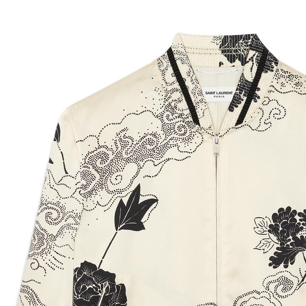 Shop 생로랑 SS22 테디 새틴 플로럴 지퍼 재킷 초크 화이트 685741Y1E379787