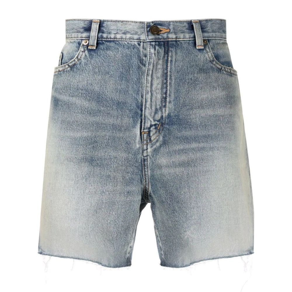 SAINT LAURENT SS22 Washed Raw Hem Straight Denim Shorts Men Blue 643542YV3724567