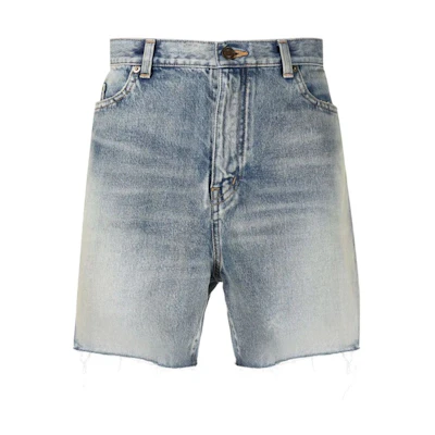 SAINT LAURENT SS22 Washed Raw Hem Straight Denim Shorts Men Blue 643542YV3724567
