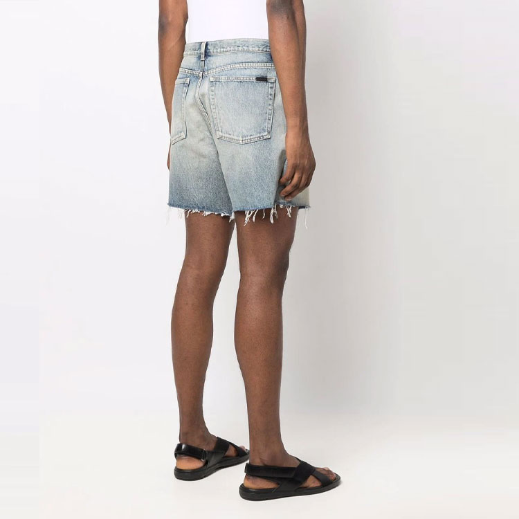 Shop SAINT LAURENT SS22 Washed Raw Hem Straight Denim Shorts Men Blue 643542YV3724567