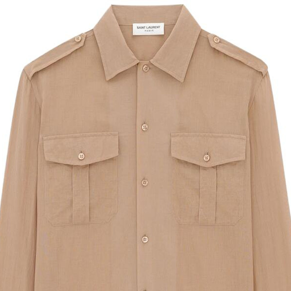 Shop SAINT LAURENT SS23 淺棕色棉混紡長袖襯衫 723183Y3E082323