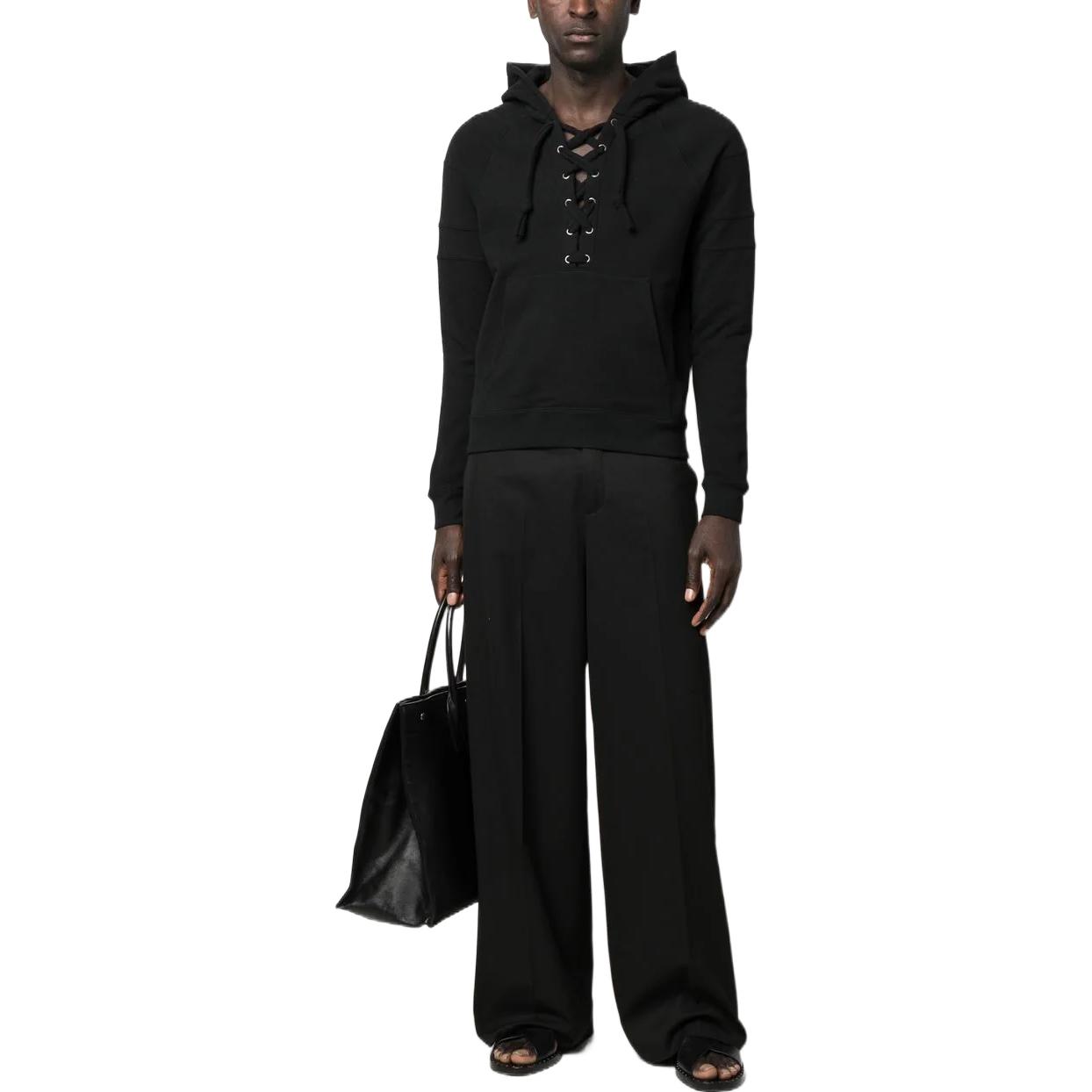 Shop Saint Laurent SS23 Black Solid Drawstring Hoodie 729849Y36SW1000