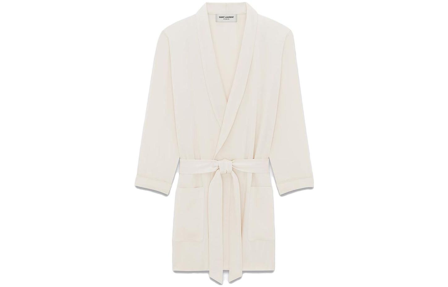 Saint Laurent SS23 Solid Crepe Satin Belted Blazer Jacket Gray White 736638Y3G369601