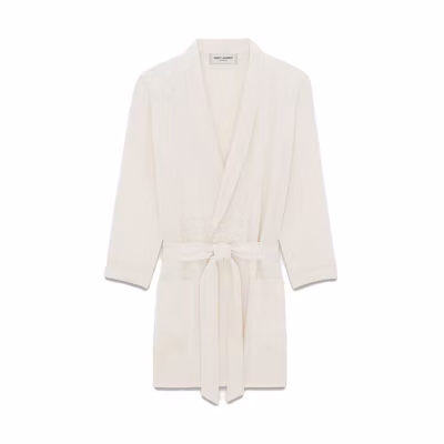 Saint Laurent SS23 Solid Crepe Satin Belted Blazer Jacket Gray White 736638Y3G369601