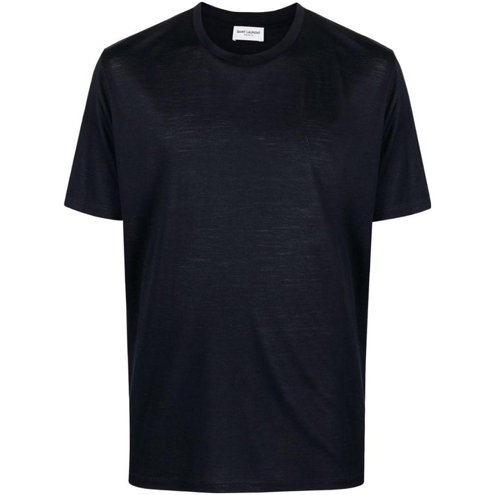 SAINT LAURENT SS23 Solid Logo Embroidered Crewneck T-Shirt Men’s Indigo Blue. 737953Y36HA4010
