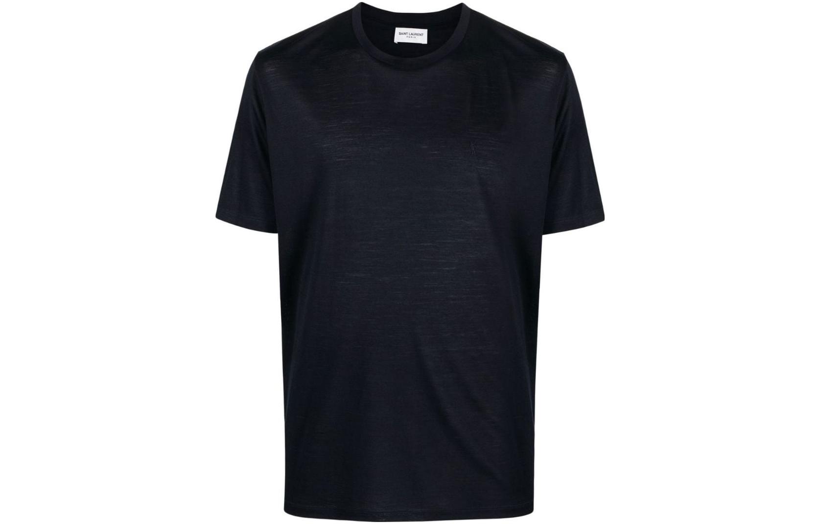 Order 생로랑 SS23 로고 자수 크루넥 티셔츠 남성 인디고 블루. 737953Y36HA4010