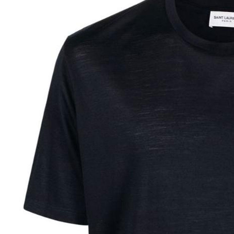 Sizing 생로랑 SS23 로고 자수 크루넥 티셔츠 남성 인디고 블루. 737953Y36HA4010