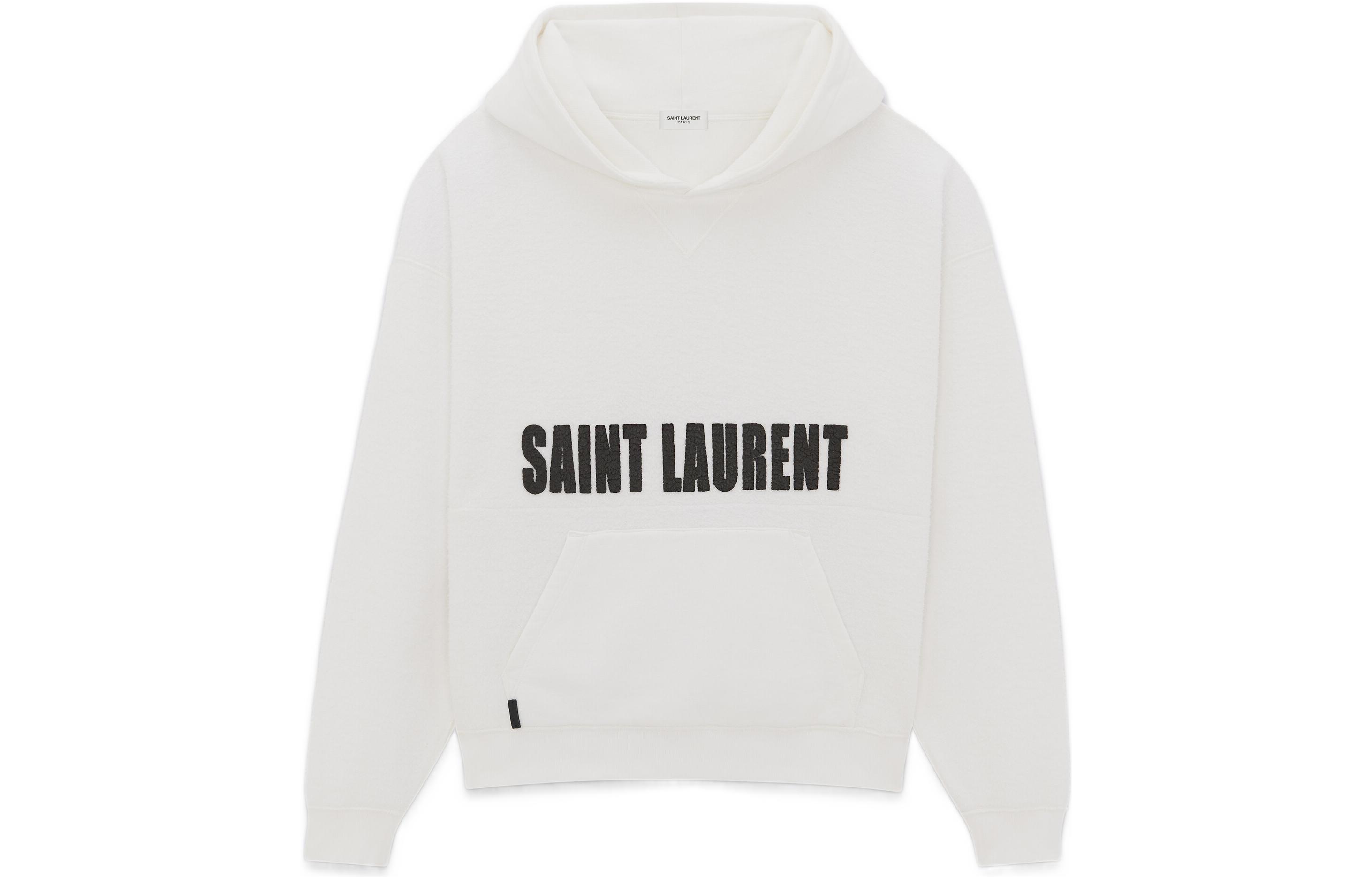 SAINT LAURENT SS23 White Logo Print Hoodie with Kangaroo Pocket for Men. 729852Y37GX9744