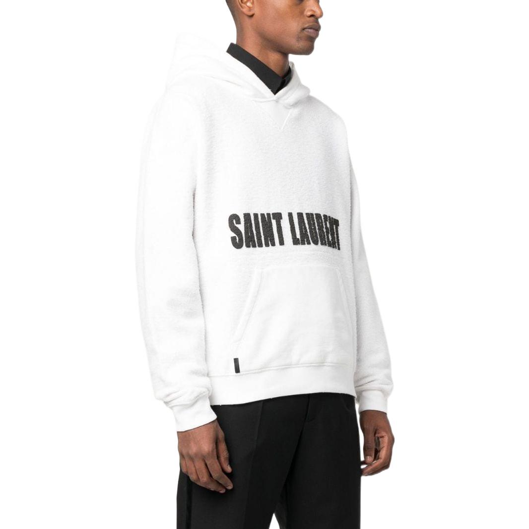 Shop SAINT LAURENT SS23 男士白色標誌印花連帽袋袋T恤。 729852Y37GX9744