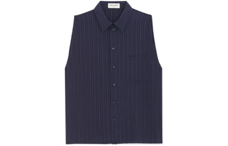 SAINT LAURENT SS24 Striped Point Collar Sleeveless Shirt Ocean Blue Men 770488Y1I874140