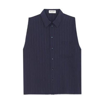 SAINT LAURENT SS24 Striped Point Collar Sleeveless Shirt Ocean Blue Men 770488Y1I874140