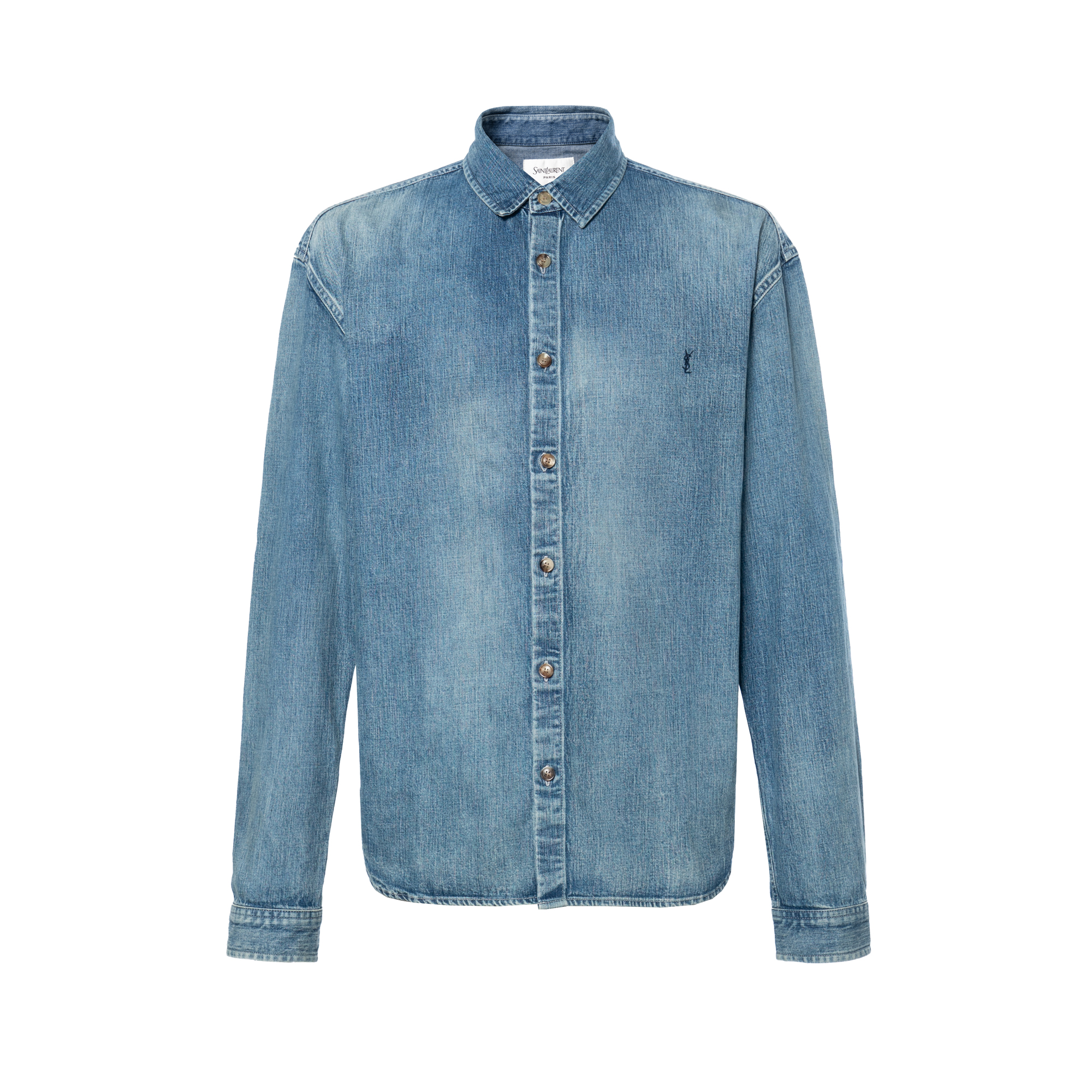 SAINT LAURENT SS25 Embroidered Logo Long Sleeve Shirt Men - Sunlight Blue 823437Y14MJ4248