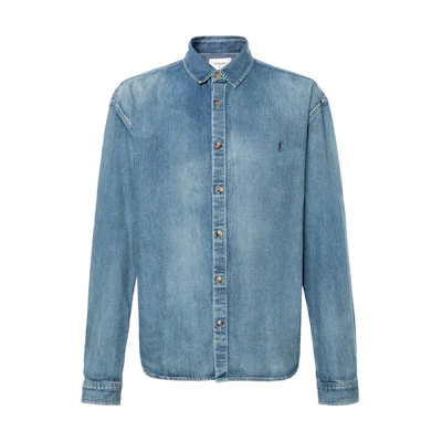 SAINT LAURENT SS25 Embroidered Logo Long Sleeve Shirt Men - Sunlight Blue 823437Y14MJ4248