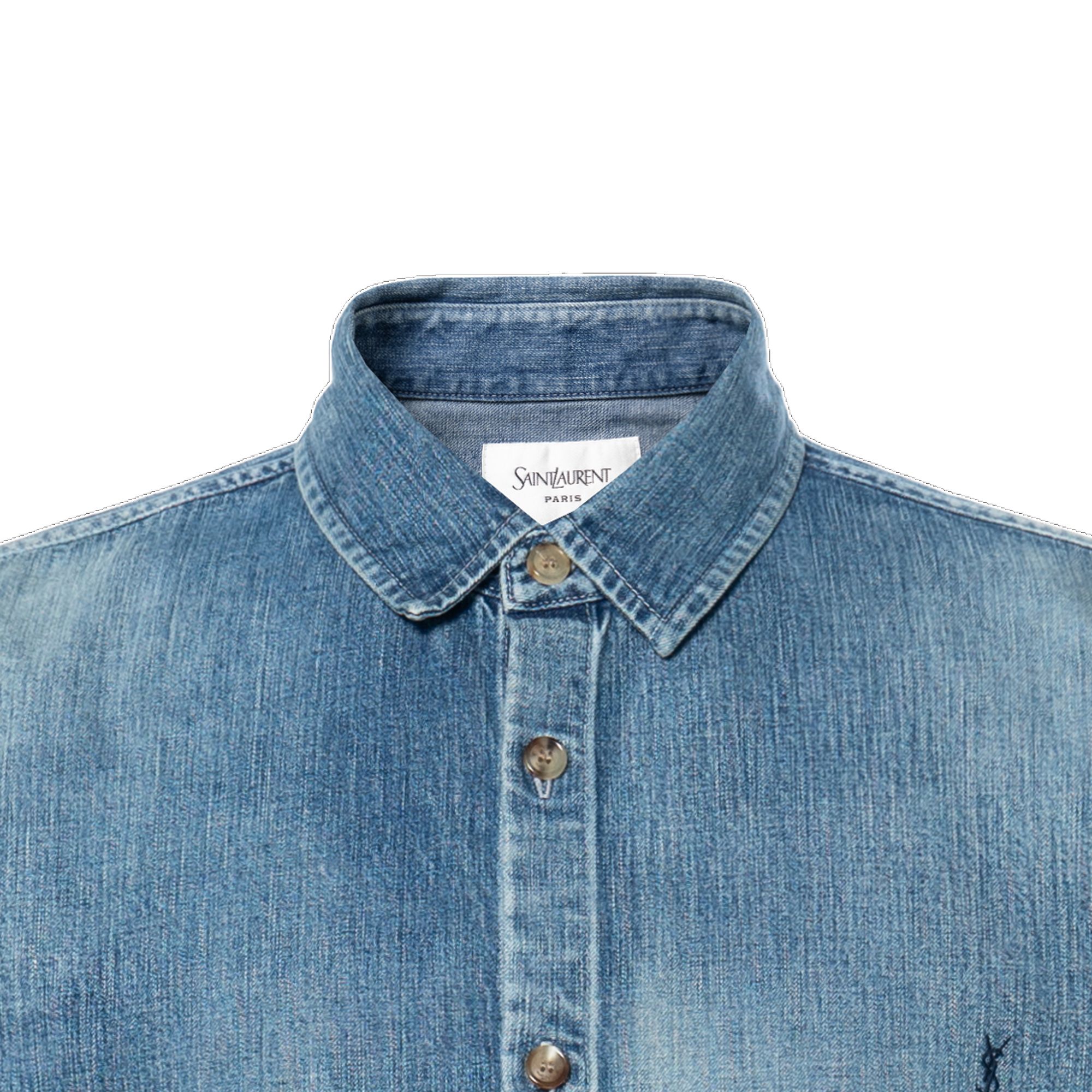 Purchase SAINT LAURENT SS25 Embroidered Logo Long Sleeve Shirt Men - Sunlight Blue 823437Y14MJ4248