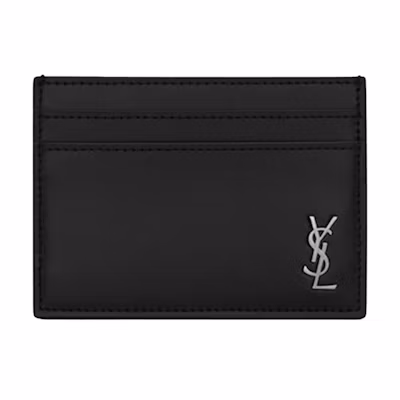 Saint Laurent Tiny Cassandre (5 Card Slot) Card Case Silver Logo Matte Black