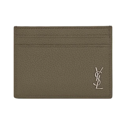 Saint Laurent Tiny Cassandre Card Case in Grained Leather Dark Khaki