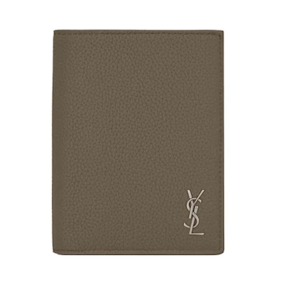 Saint Laurent Tiny Cassandre Credit Card Wallet in Grained Leather Dark Khaki
