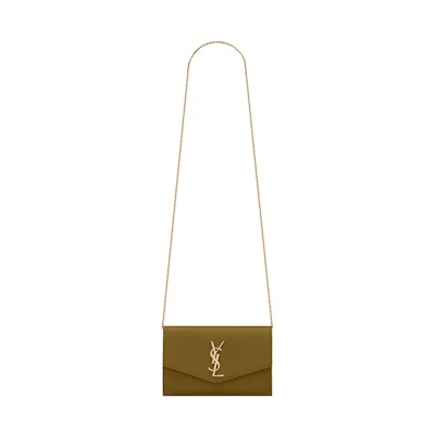 Saint Laurent Uptown Chain Wallet Grain De Poudre Olive Green