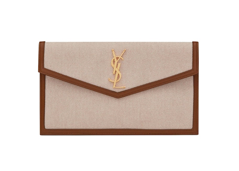 Saint Laurent Uptown Pouch In Canvas and Smooth Leather Natural Beige