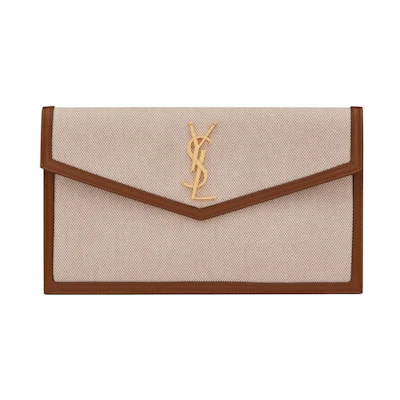 Saint Laurent Uptown Pouch In Canvas and Smooth Leather Natural Beige