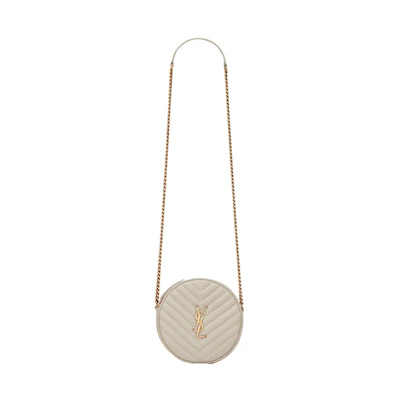 Saint Laurent Vinyle Round Camera Bag Chevron Quilted Grain de Poudre Blanc Vintage