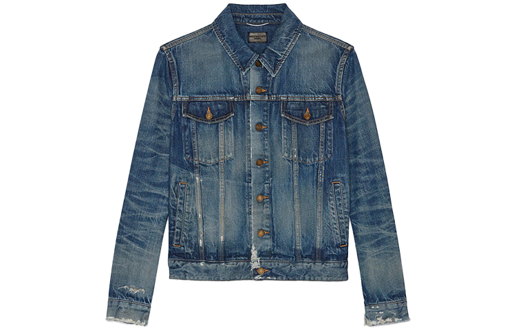 Saint Laurent Washed Distressed Single-Breasted Jacket - Navy Blue 602709YG7504174