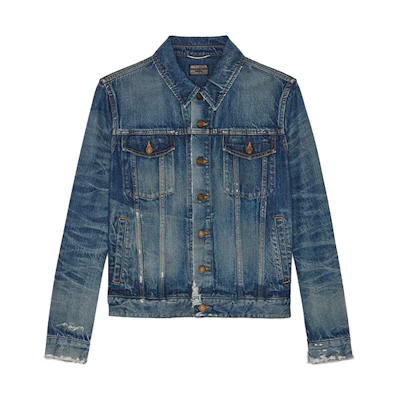 Saint Laurent Washed Distressed Single-Breasted Jacket - Navy Blue 602709YG7504174