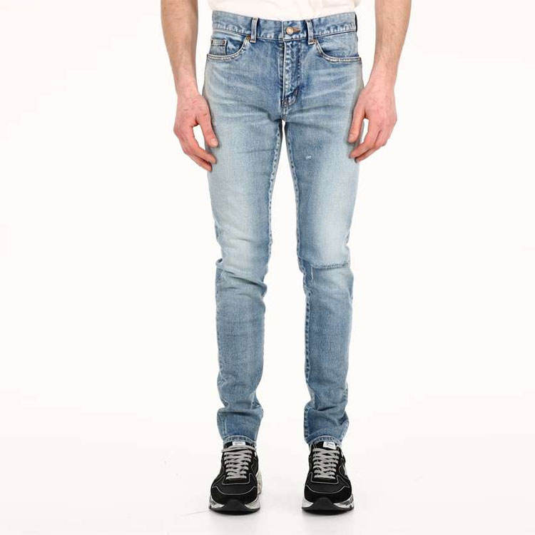 Shop Saint Laurent Washed Distressed Slim Fit Blue Denim Jeans 527389YJ5074568