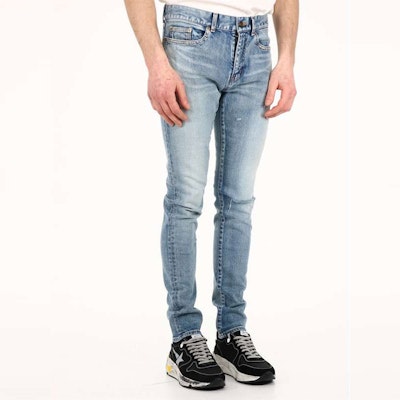 Saint Laurent Washed Distressed Slim Fit Blue Denim Jeans 527389YJ5074568 Details for Saint Laurent Washed Distressed Slim Fit Blue Denim Jeans 527389YJ5074568