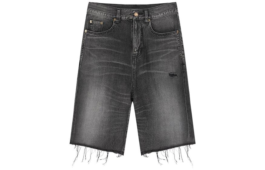 Order SAINT LAURENT Washed Fringe Buttoned Denim Shorts Mens Black 551367YC8571160