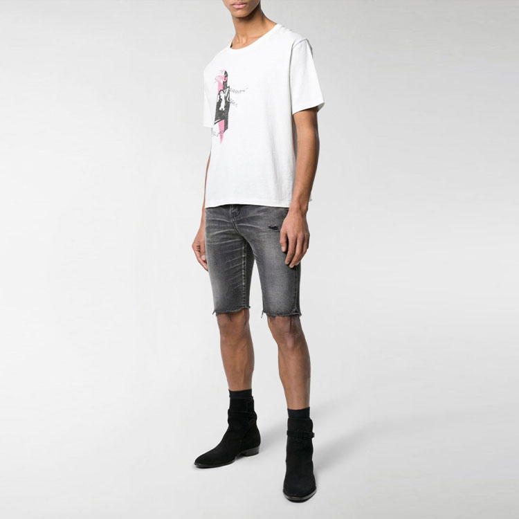 Shop SAINT LAURENT Washed Fringe Buttoned Denim Shorts Mens Black 551367YC8571160