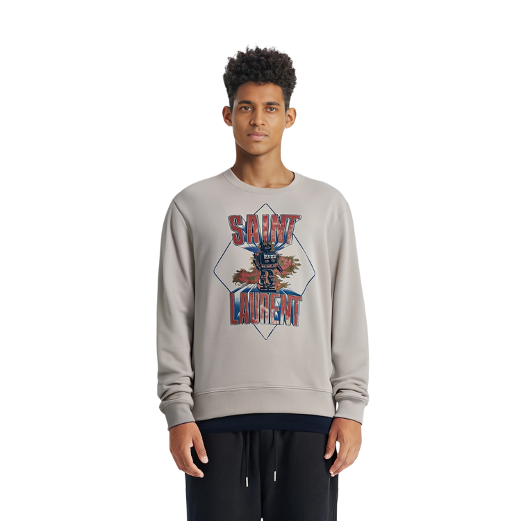 Lookbook サンローラン メンズ ホワイト ロゴプリント 長袖クルーネックスウェット 557556-YBDW2-9721