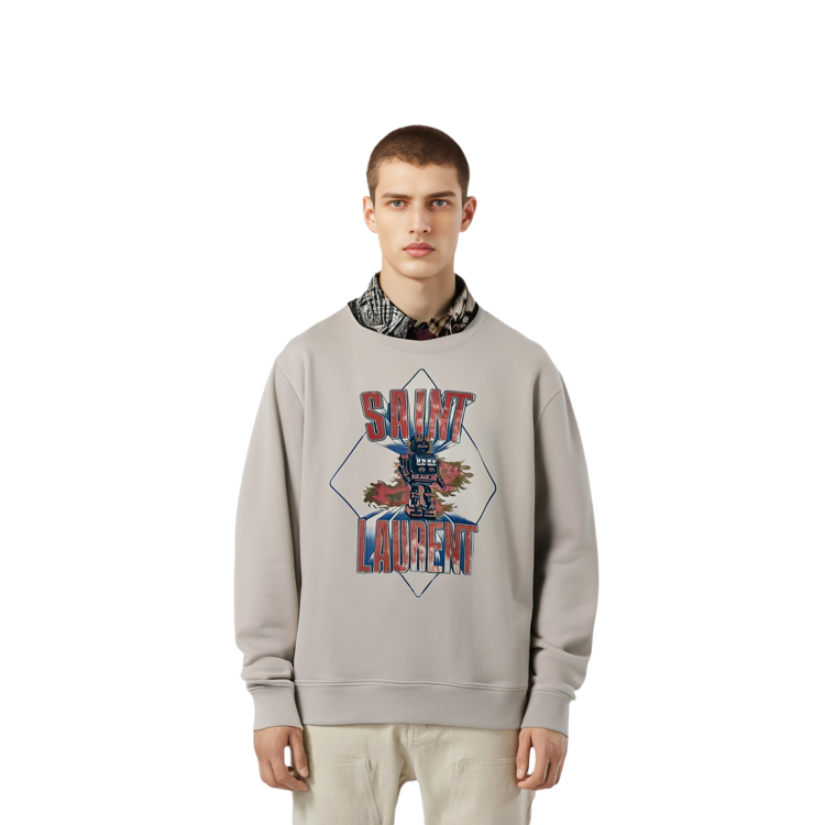 Shop サンローラン メンズ ホワイト ロゴプリント 長袖クルーネックスウェット 557556-YBDW2-9721