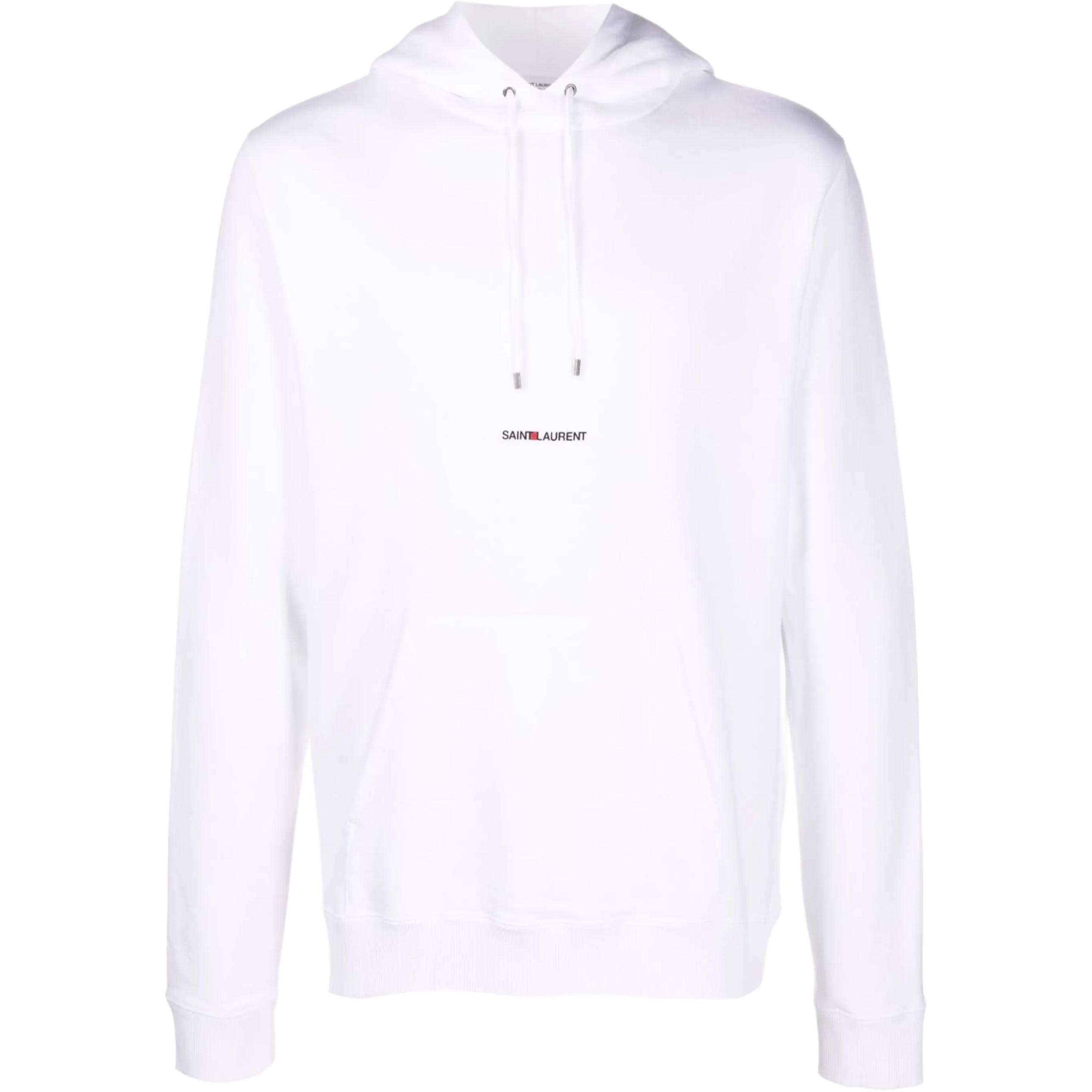 SAINT LAURENT White Logo Print Drawstring Hoodie. 677259YB2PG9000
