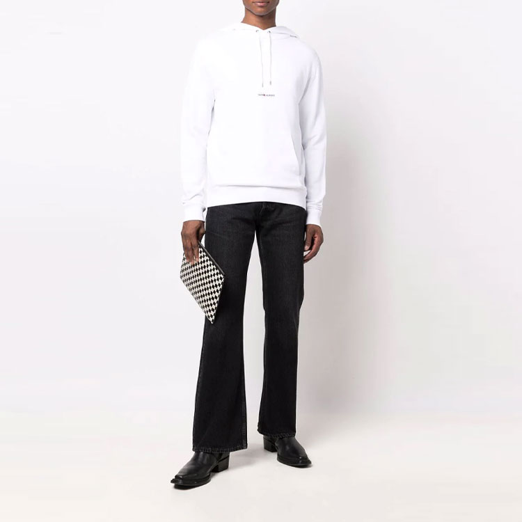 Lookbook SAINT LAURENT White Logo Print Drawstring Hoodie. 677259YB2PG9000