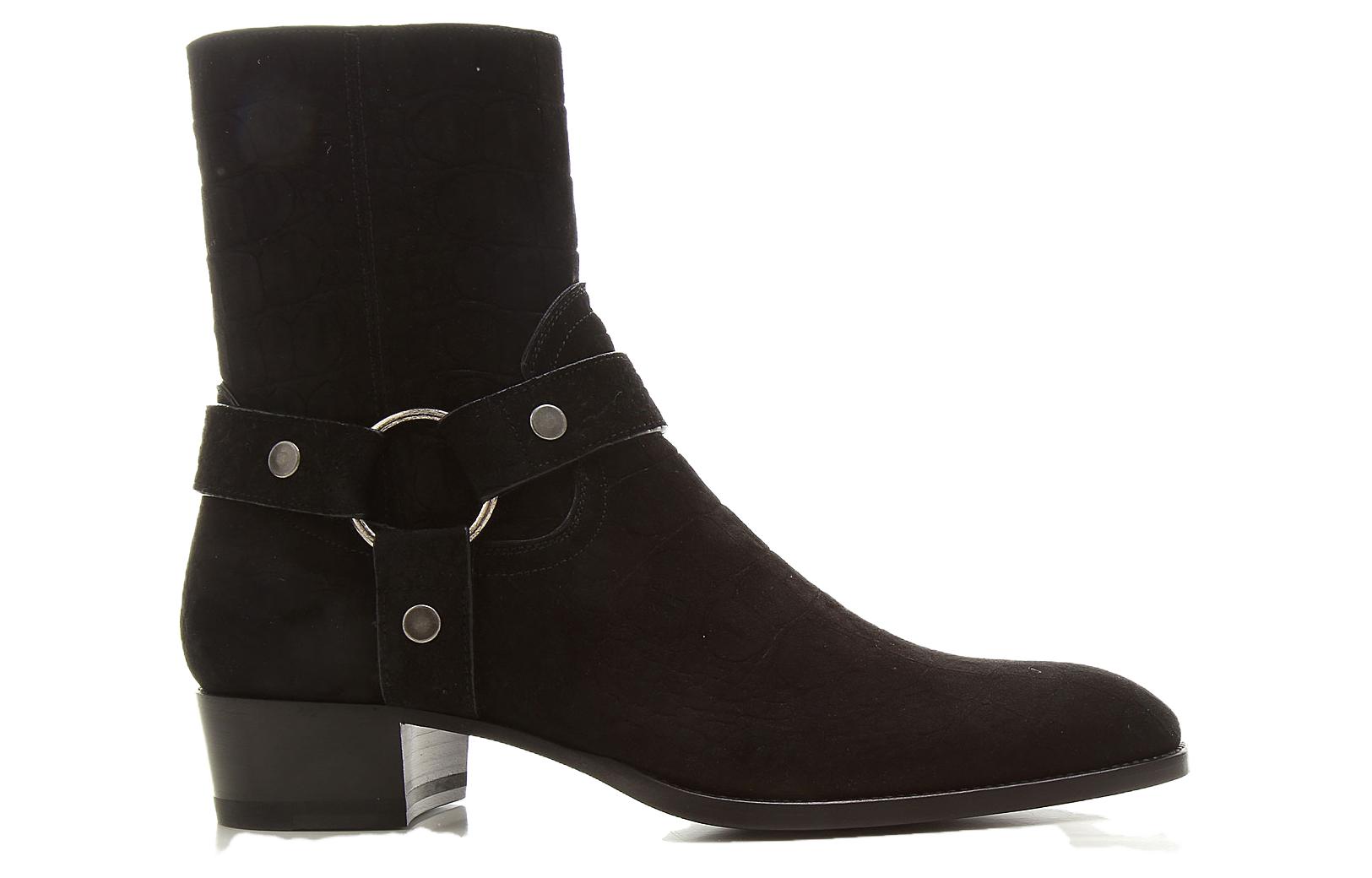 Order Saint Laurent Wyatt 'Black Suede Pointed Toe Block Heel Ankle Boot' 6035151Y2001000