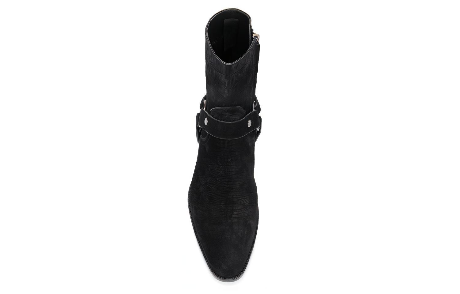Shop Saint Laurent Wyatt 'Black Suede Pointed Toe Block Heel Ankle Boot' 6035151Y2001000